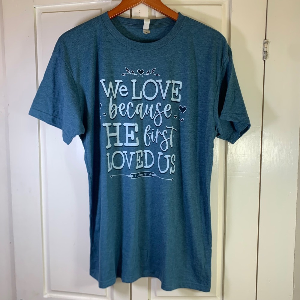 Love in Faith Mens Blue‎ 1 John 4:19 Religious Graphic T-Shirt Large Heathered